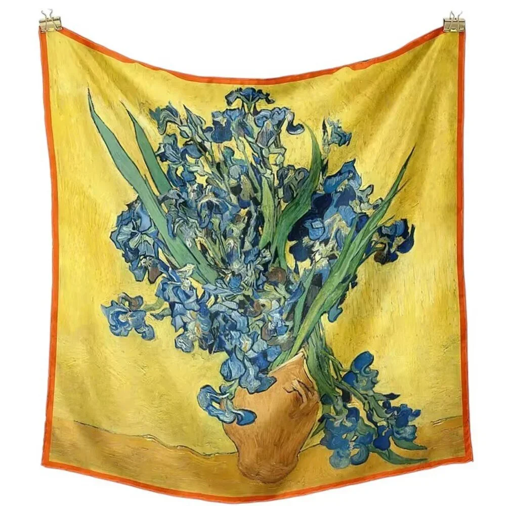 Van Gogh Irises Scarf Square Post Impressionist Art Print Yellow Blue New